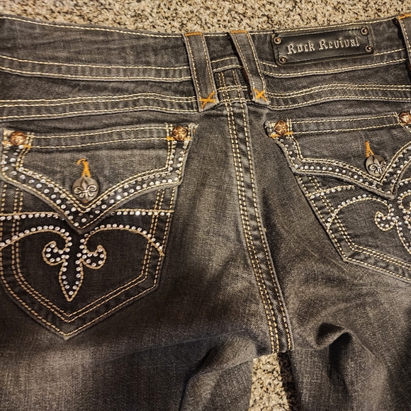 Rock Revival 28 Gwen Easy Boot Mid Rise Boot Cut Dark Grey Rhinestone Pockets - Picture 2 of 5